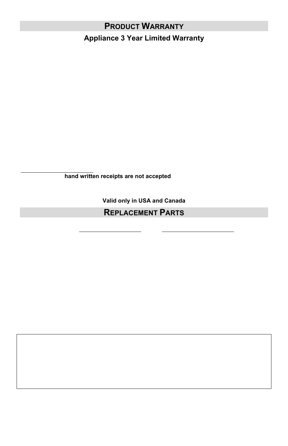 Product warranty, Replacement parts, Appliance 3 year limited warranty | ChefScape SE655 User Manual | Page 14 / 44