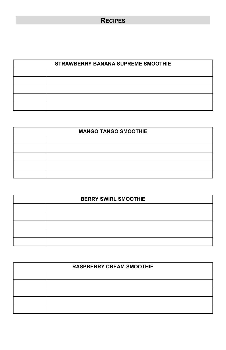 Recipes, Strawberry banana supreme smoothie, Mango tango smoothie | Berry swirl smoothie, Raspberry cream smoothie | ChefScape SE655 User Manual | Page 9 / 44