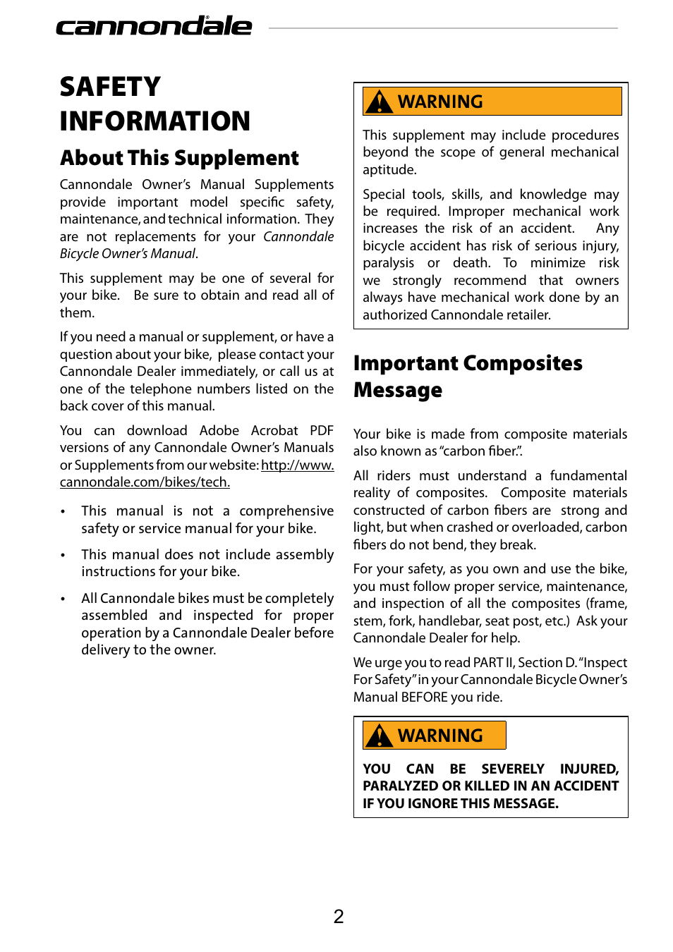 Safety information, About this supplement, Important composites message | Warning | Cannondale 120858 User Manual | Page 2 / 16