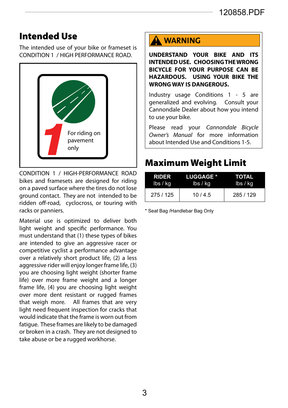 Intended use, Maximum weight limit, Warning | Cannondale 120858 User Manual | Page 3 / 16