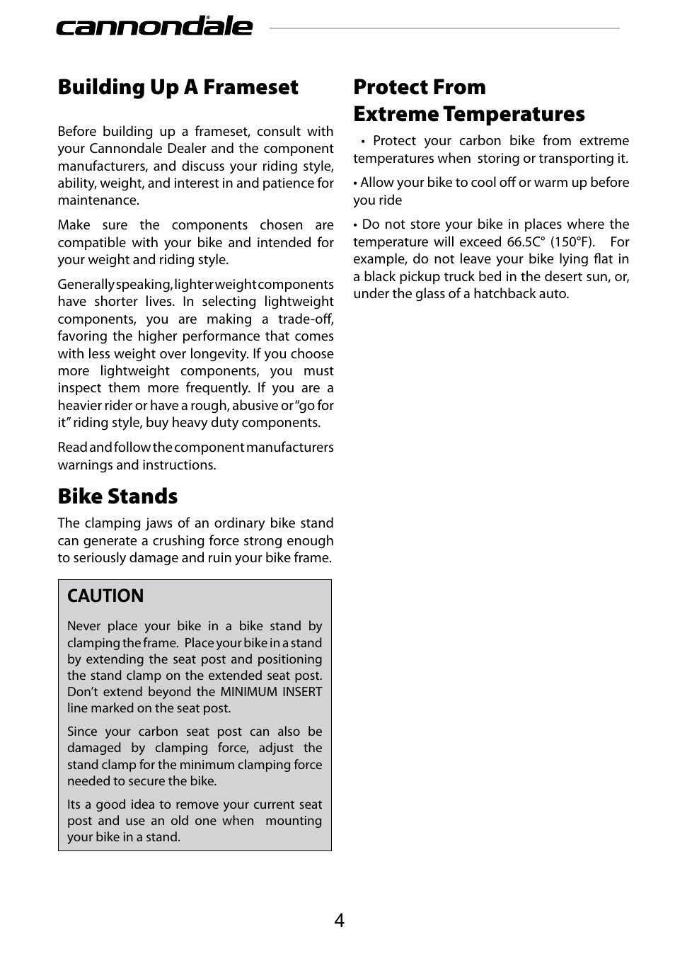Building up a frameset, Bike stands, Protect from extreme temperatures | Caution | Cannondale 120858 User Manual | Page 4 / 16