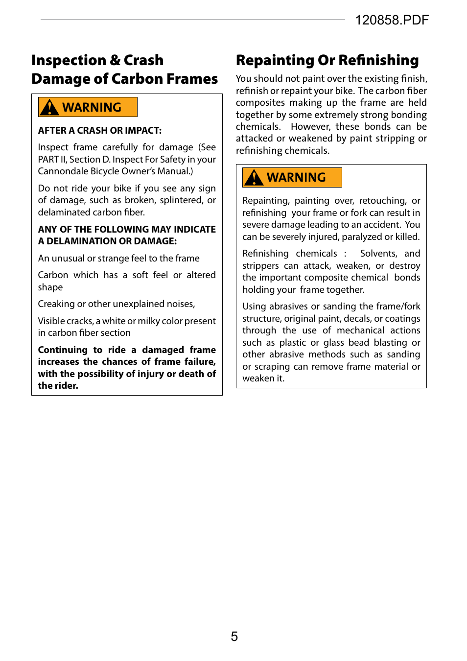 Inspection & crash damage of carbon frames, Repainting or refinishing, Warning | Cannondale 120858 User Manual | Page 5 / 16