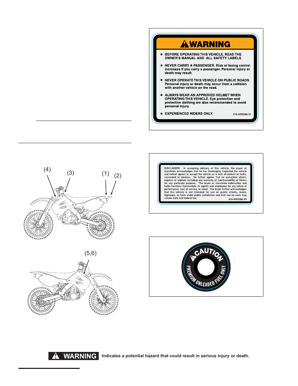 Vehicle warning and specification labels, Warning | Cannondale S440 User Manual | Page 10 / 105