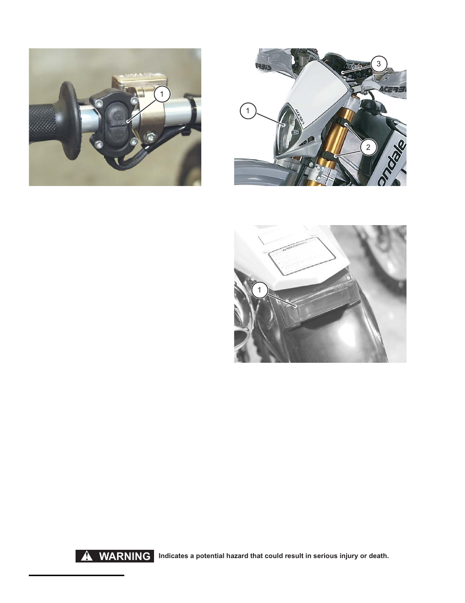 Engine on/off switch, Headlight and taillight (usa), Engine on/off switch headlight and taillight (usa) | Warning | Cannondale S440 User Manual | Page 14 / 105