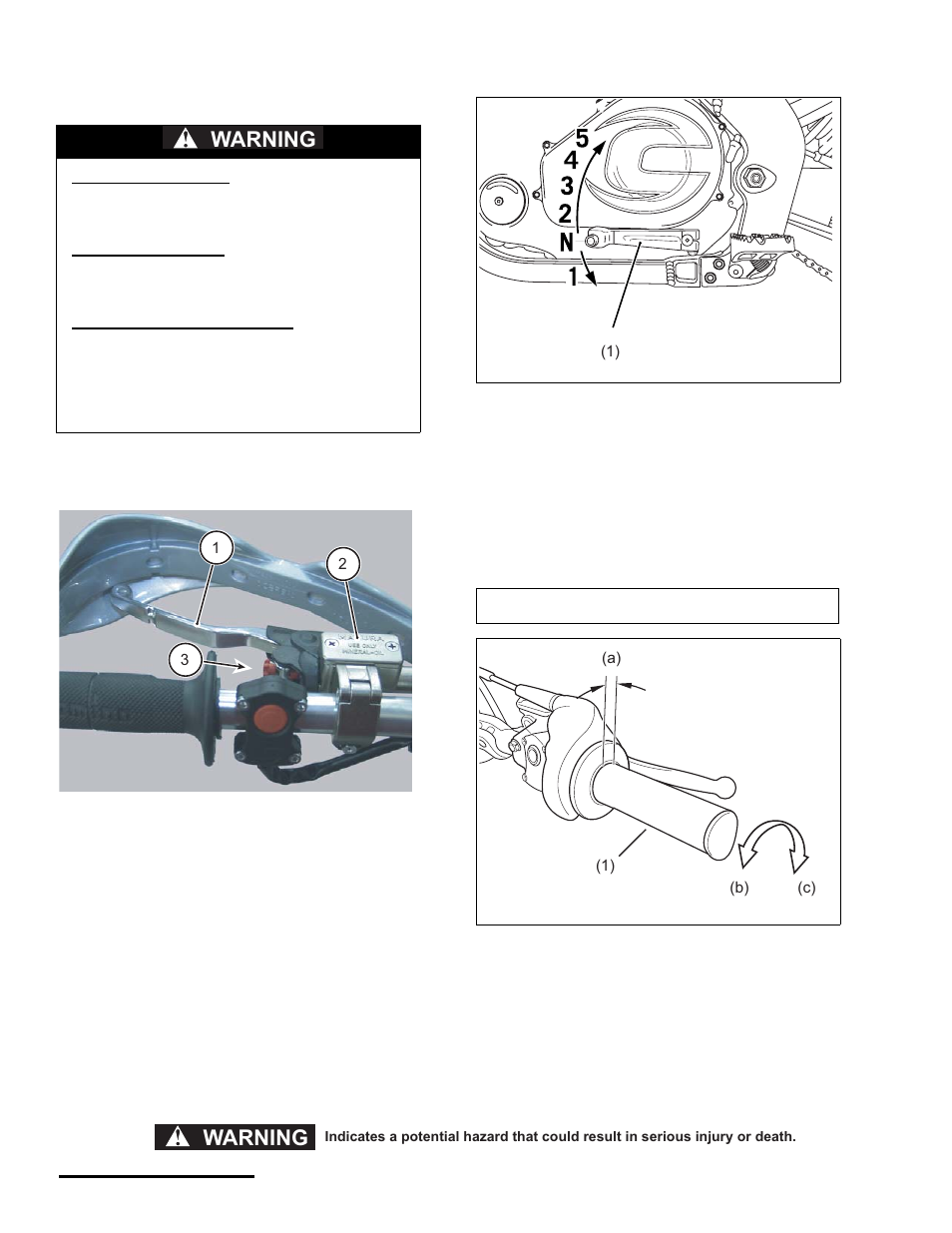 Clutch lever, Shift lever, Throttle grip | Clutch lever shift lever throttle grip, Warning | Cannondale S440 User Manual | Page 16 / 105