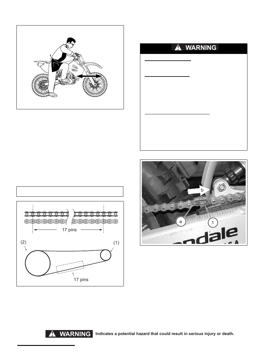 Drive chain stretch inspection, Master link clip inspection, Warning | Cannondale S440 User Manual | Page 58 / 105