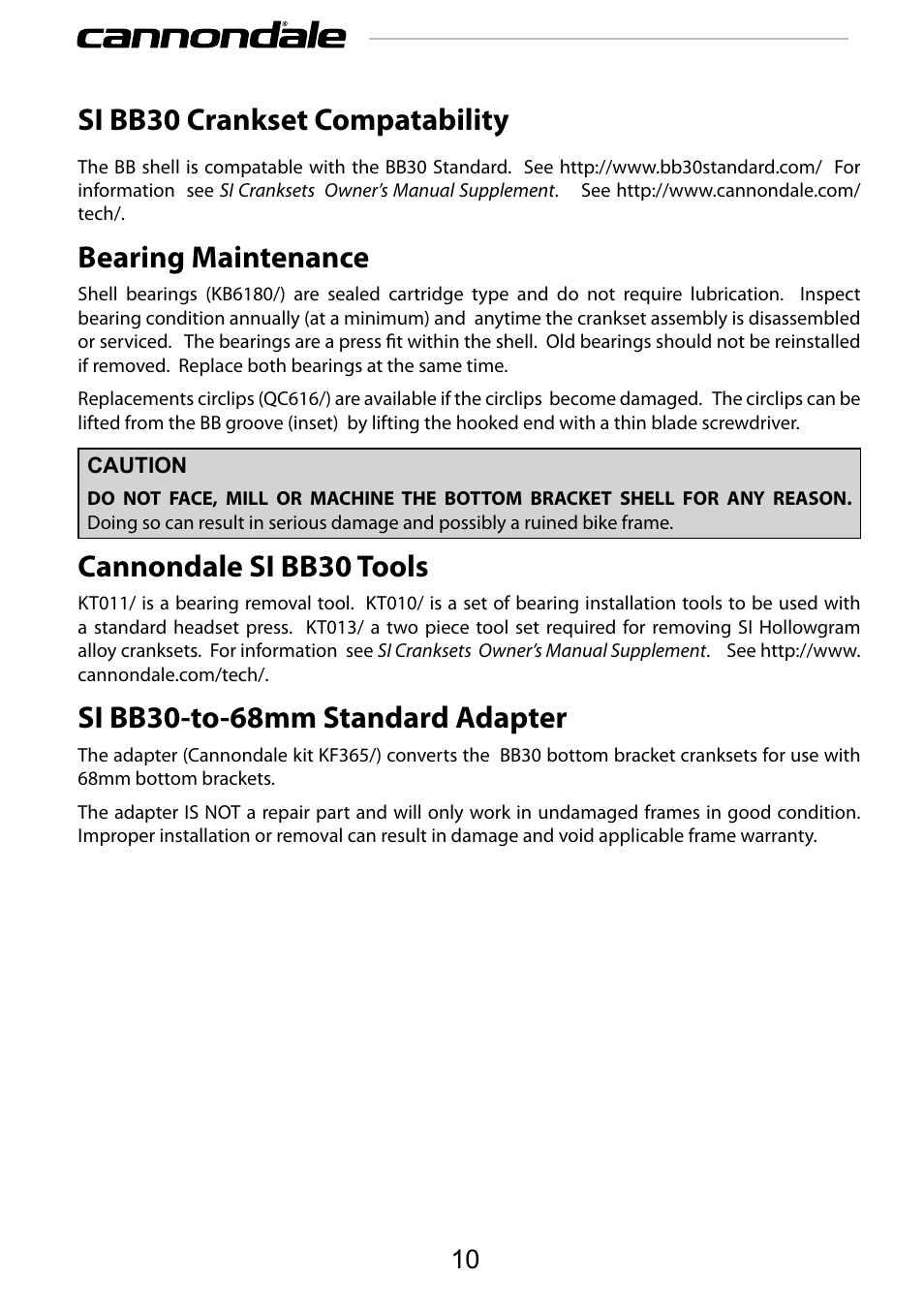 Si bb30 crankset compatability, Bearing maintenance, Cannondale si bb30 tools | Si bb30-to-68mm standard adapter | Cannondale SCALPEL 100 User Manual | Page 10 / 24