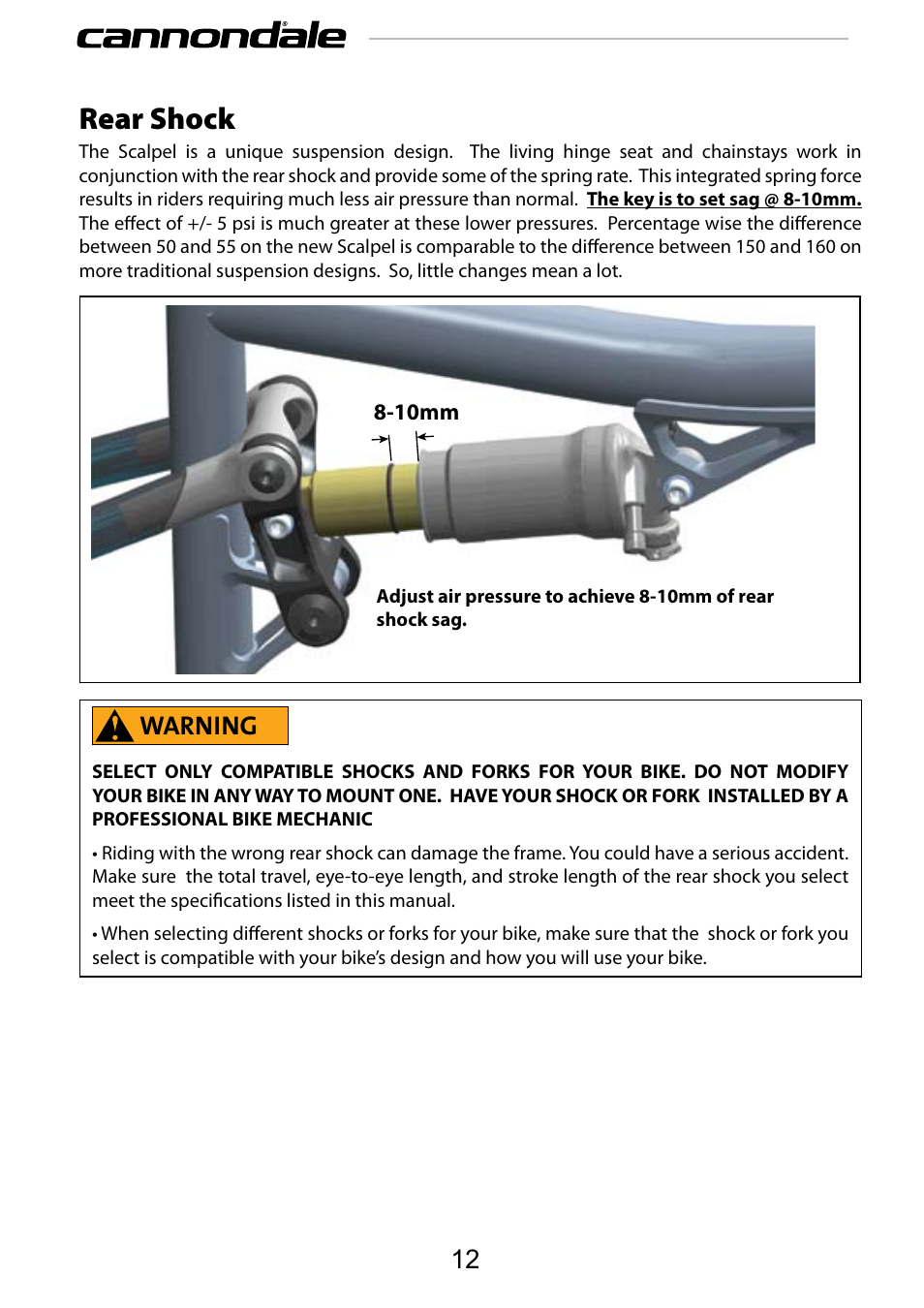 Rear shock, Warning | Cannondale SCALPEL 100 User Manual | Page 12 / 24