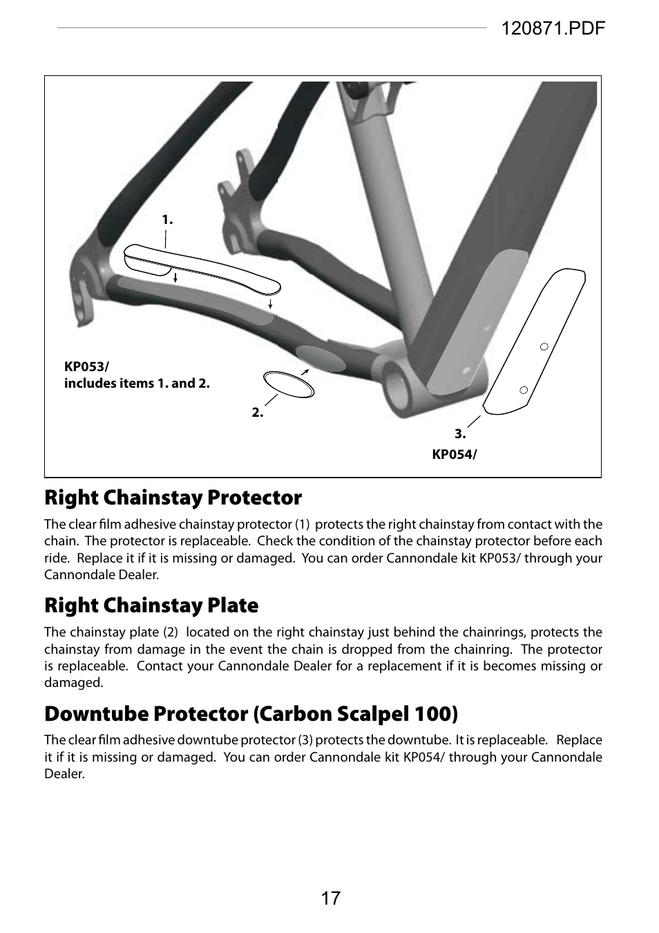 Right chainstay protector, Right chainstay plate, Downtube protector (carbon scalpel 100) | Cannondale SCALPEL 100 User Manual | Page 17 / 24