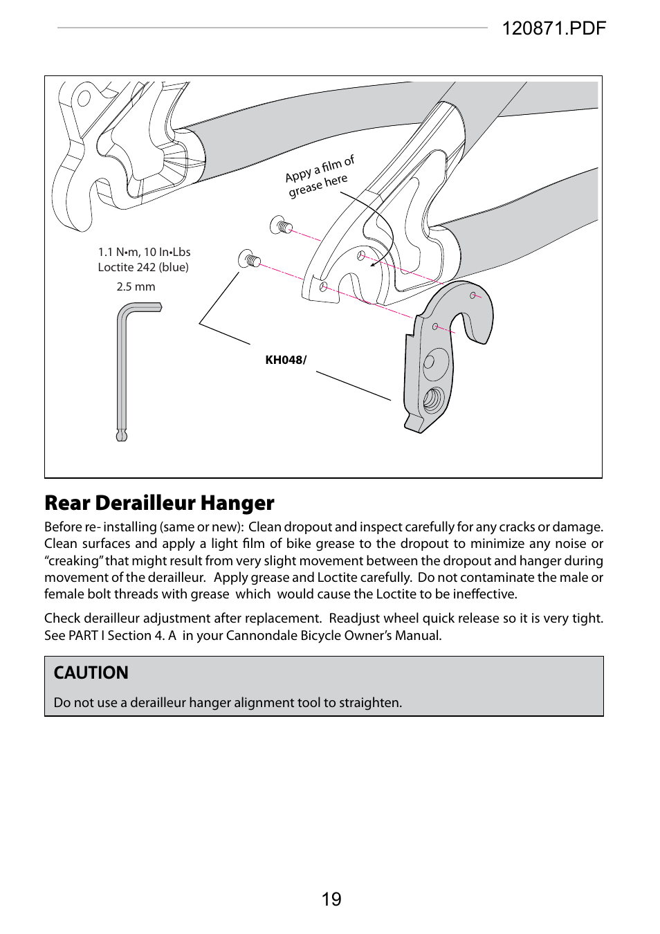 Rear derailleur hanger, Caution | Cannondale SCALPEL 100 User Manual | Page 19 / 24