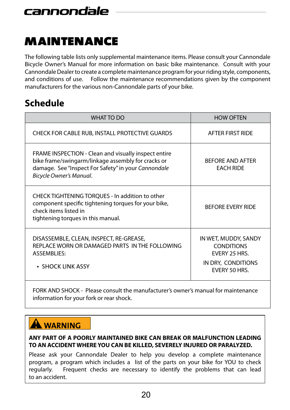 Maintenance, Schedule, Warning | Cannondale SCALPEL 100 User Manual | Page 20 / 24