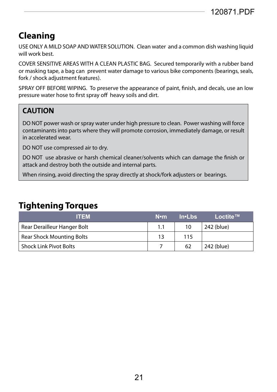 Cleaning, Tightening torques, Caution | Cannondale SCALPEL 100 User Manual | Page 21 / 24