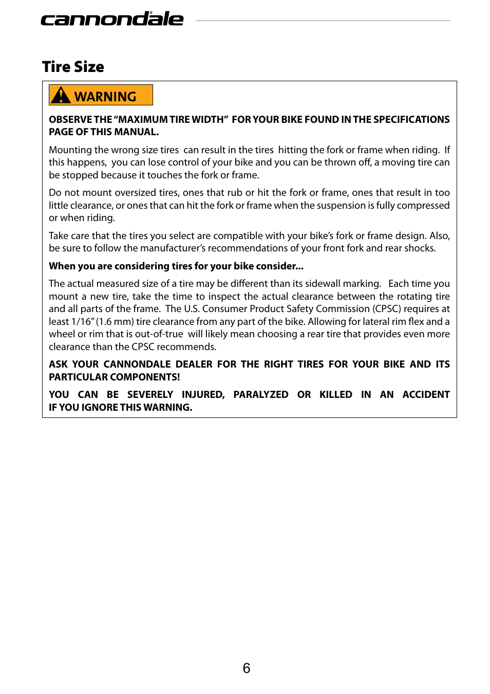 Tire size, Warning | Cannondale SCALPEL 100 User Manual | Page 6 / 24