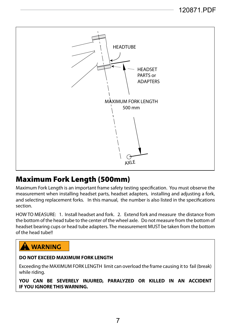 Maximum fork length (500mm), Warning | Cannondale SCALPEL 100 User Manual | Page 7 / 24