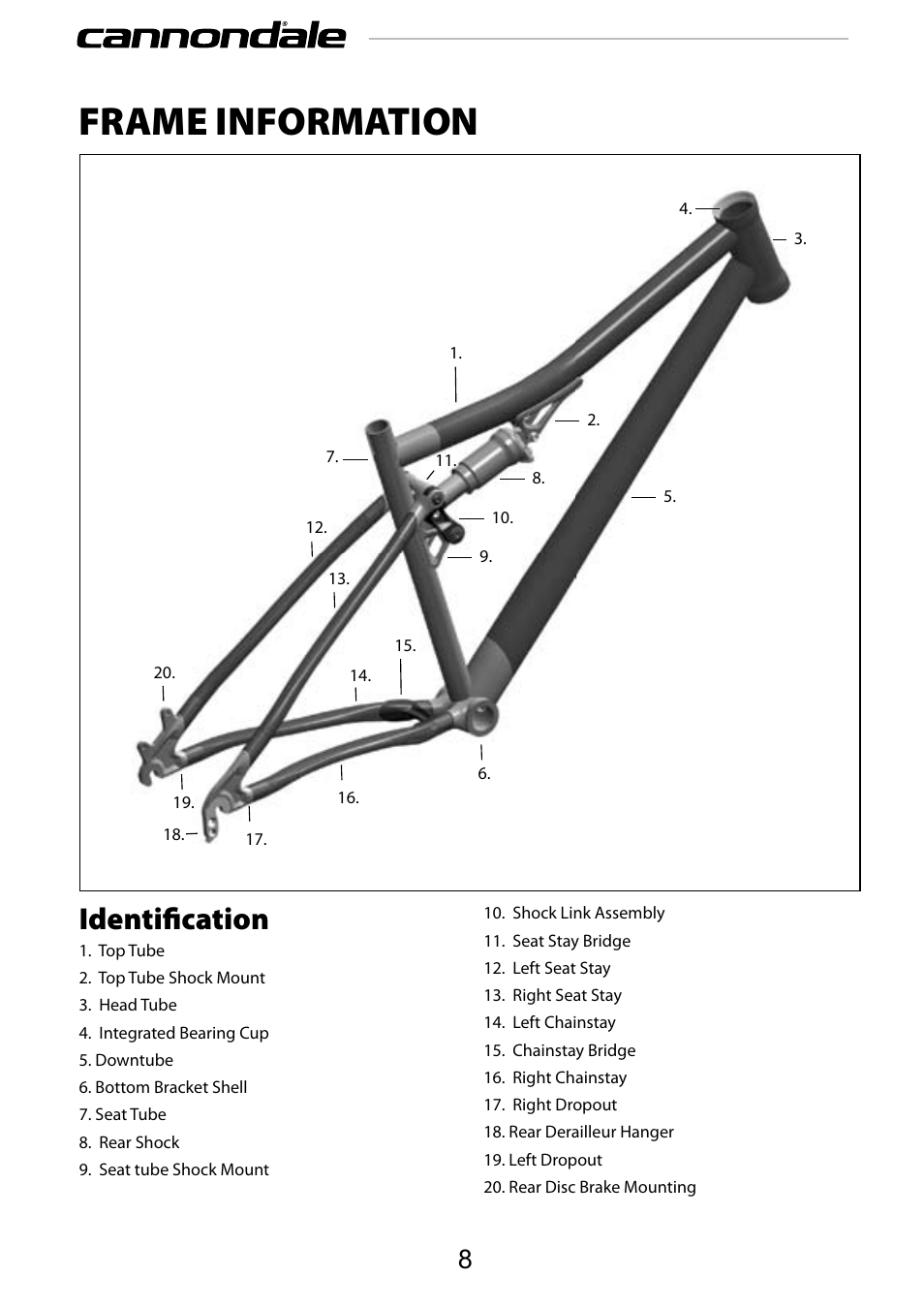 Frame information, Identification | Cannondale SCALPEL 100 User Manual | Page 8 / 24