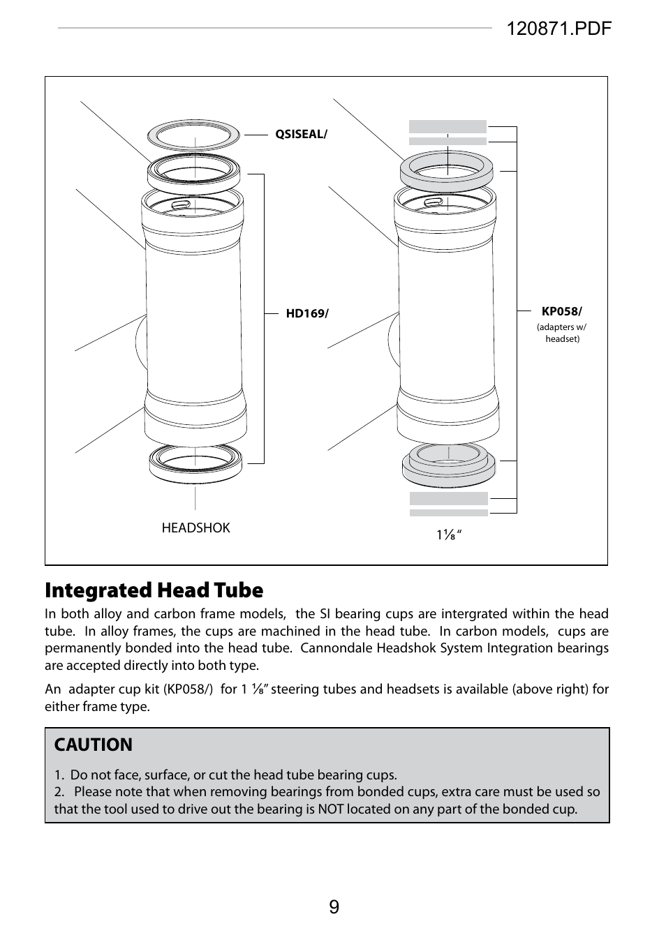 Integrated head tube, Caution | Cannondale SCALPEL 100 User Manual | Page 9 / 24