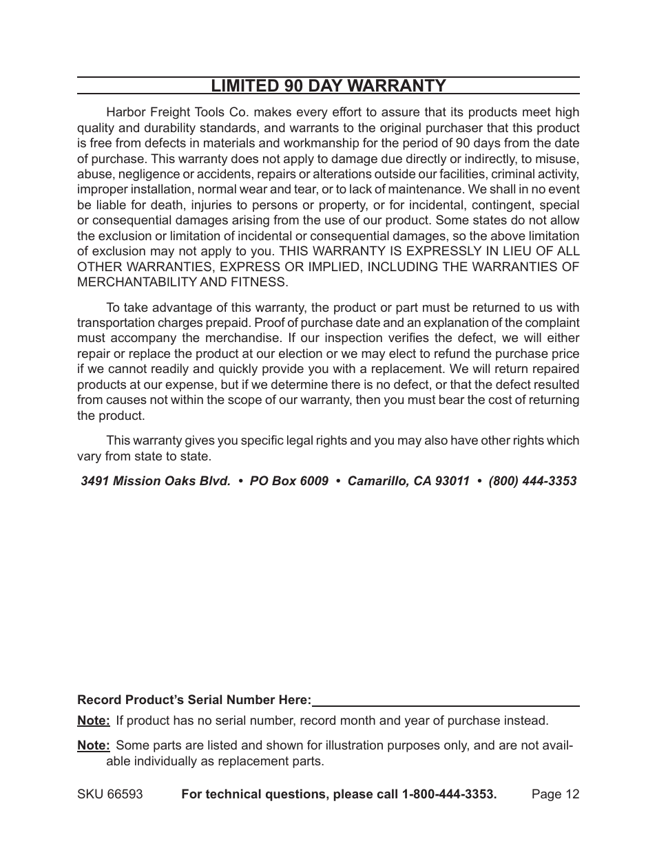 Limited 90 day warranty | Central Hydraulics 66593 User Manual | Page 12 / 12