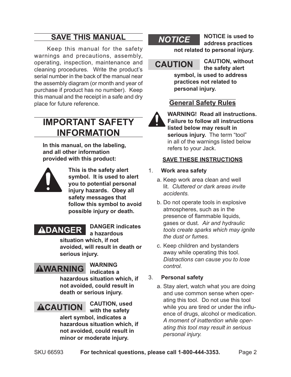 Important safety information, Danger warning caution notice caution, Save this manual | Central Hydraulics 66593 User Manual | Page 2 / 12