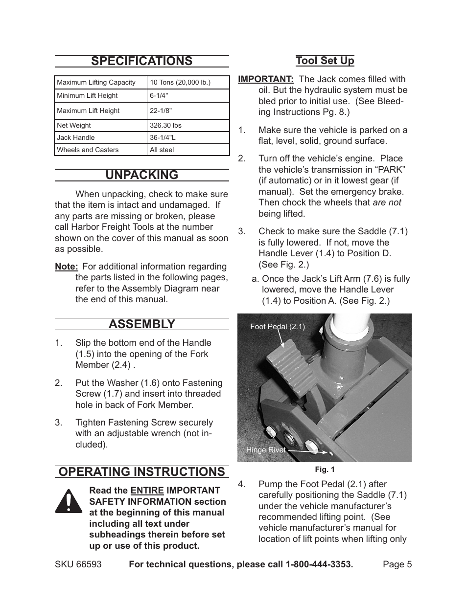Specifications, Unpacking, Assembly | Operating instructions | Central Hydraulics 66593 User Manual | Page 5 / 12