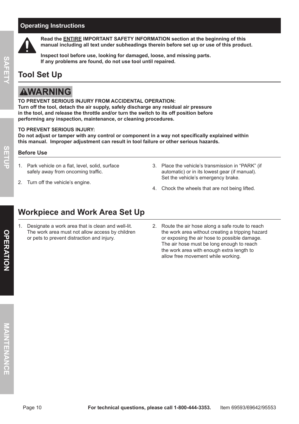 Tool set up, Workpiece and work area set up, Safet y op era tion m aintenan c e setu p | Harbor Freight Tools Central Hydraulics 95553 User Manual | Page 10 / 16