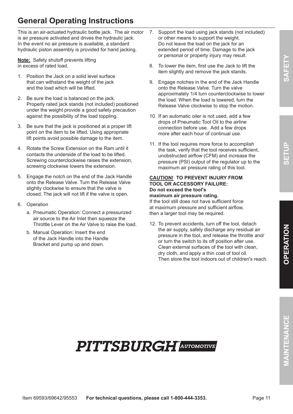 General operating instructions, Safet y op era tion m aintenan c e setu p | Harbor Freight Tools Central Hydraulics 95553 User Manual | Page 11 / 16