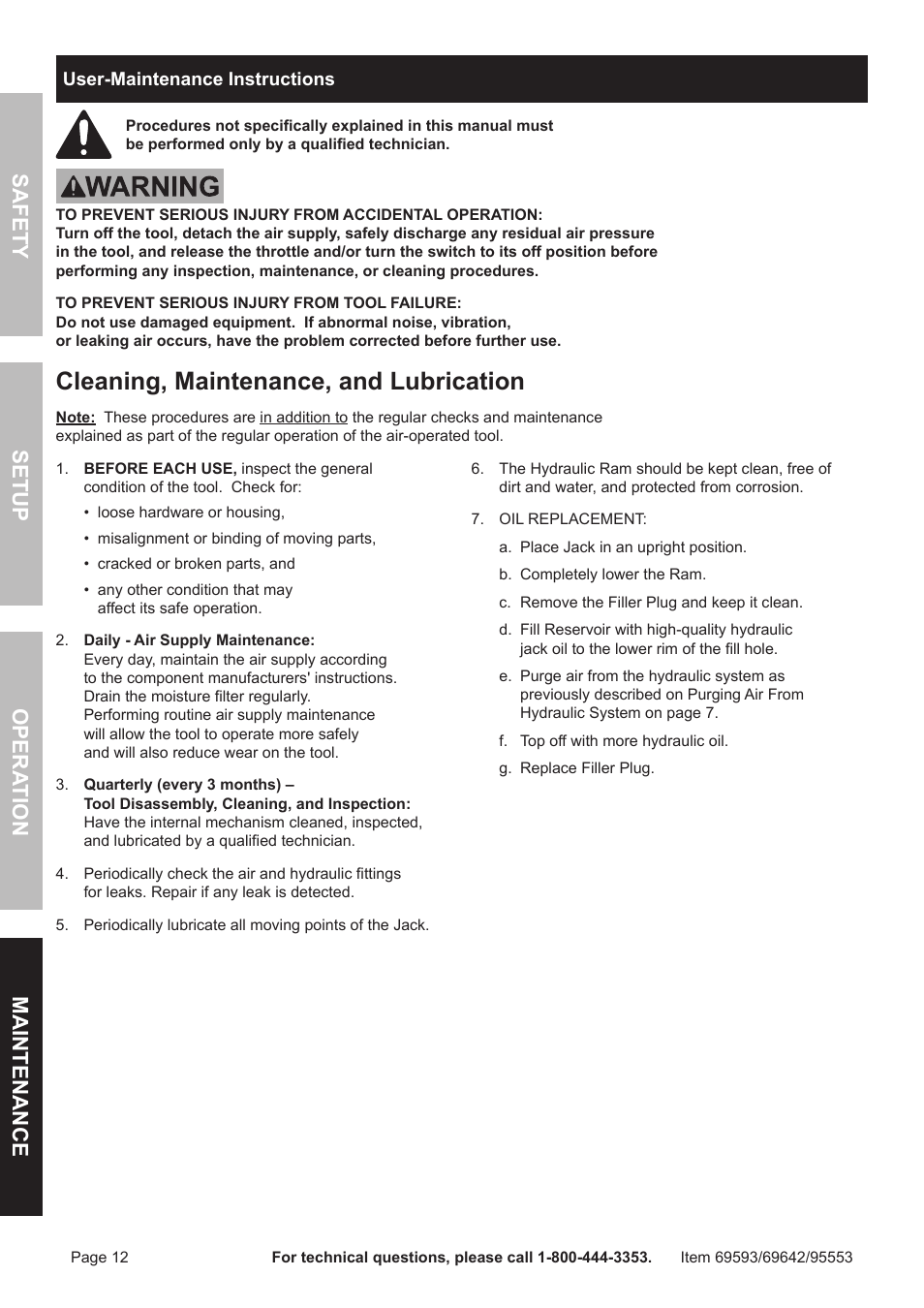 Cleaning, maintenance, and lubrication, Safet y op era tion m aintenan c e setu p | Harbor Freight Tools Central Hydraulics 95553 User Manual | Page 12 / 16