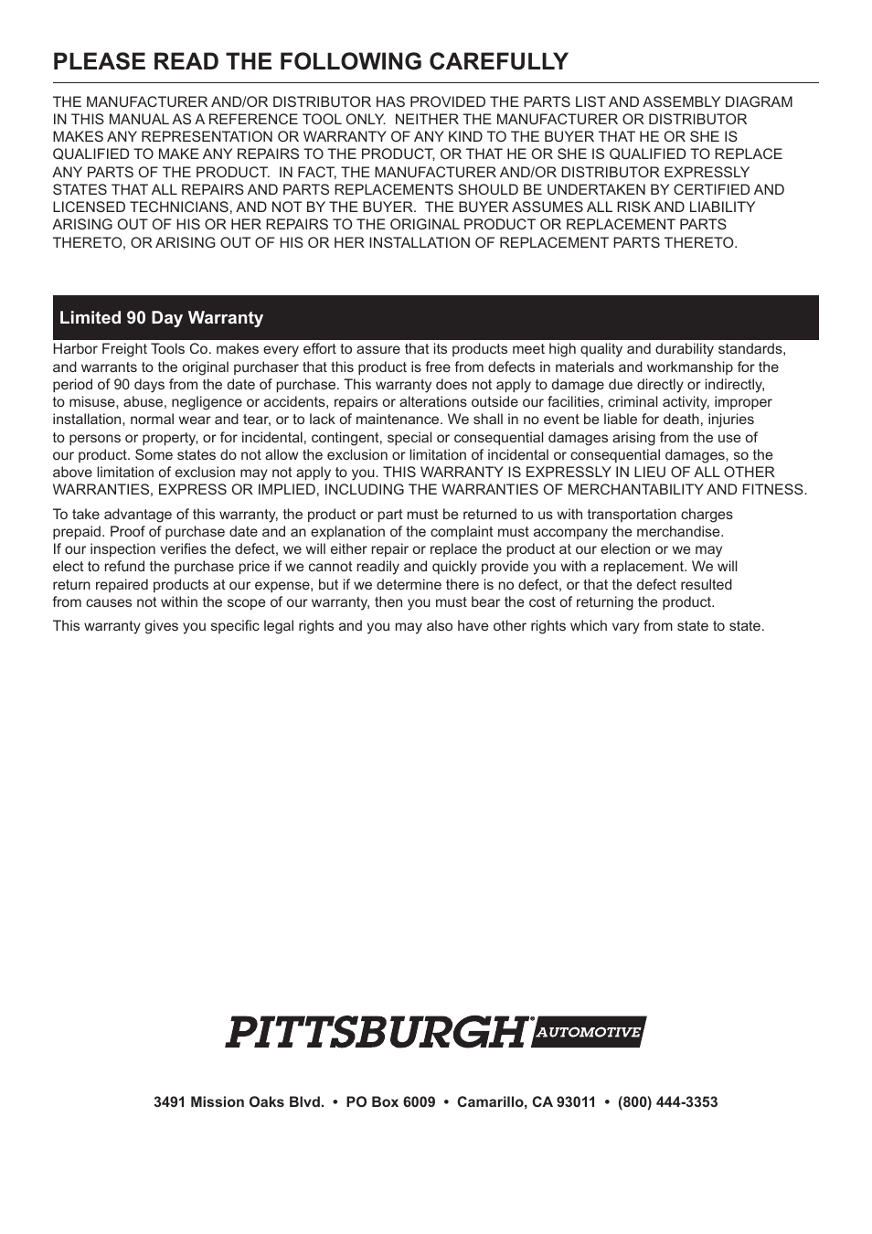 Please read the following carefully | Harbor Freight Tools Central Hydraulics 95553 User Manual | Page 16 / 16