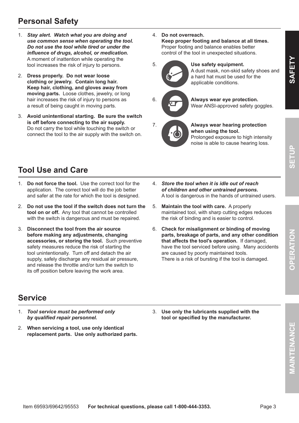 Personal safety, Tool use and care, Service | Safet y op era tion m aintenan c e setu p | Harbor Freight Tools Central Hydraulics 95553 User Manual | Page 3 / 16