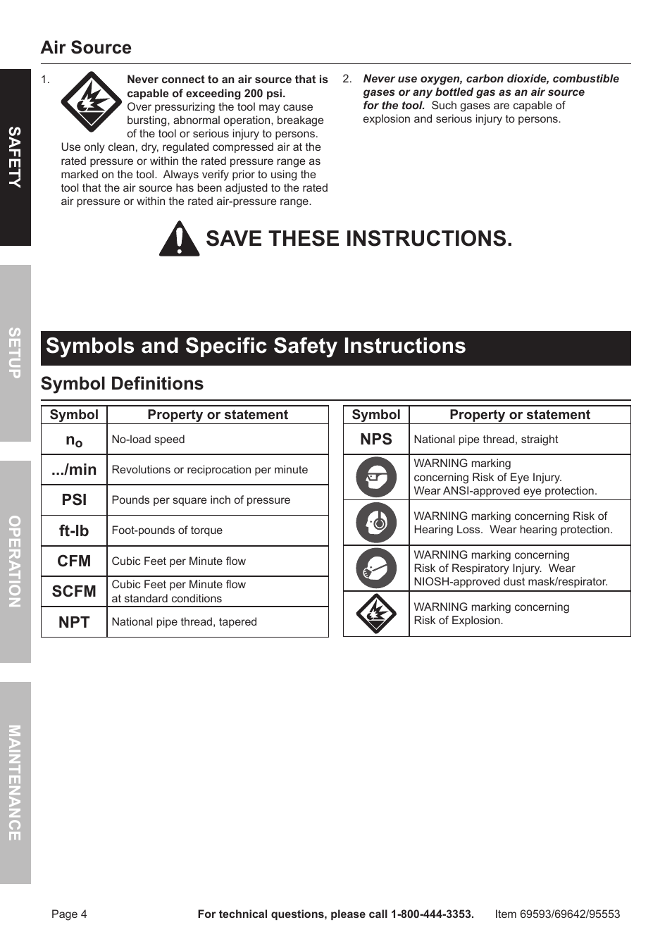 Air source, Symbol definitions, Safet y op era tion m aintenan c e setu p | Ft-lb, Scfm | Harbor Freight Tools Central Hydraulics 95553 User Manual | Page 4 / 16