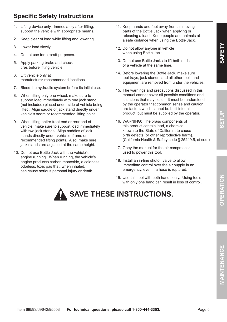 Save these instructions, Specific safety instructions, Safet y op era tion m aintenan c e setu p | Harbor Freight Tools Central Hydraulics 95553 User Manual | Page 5 / 16