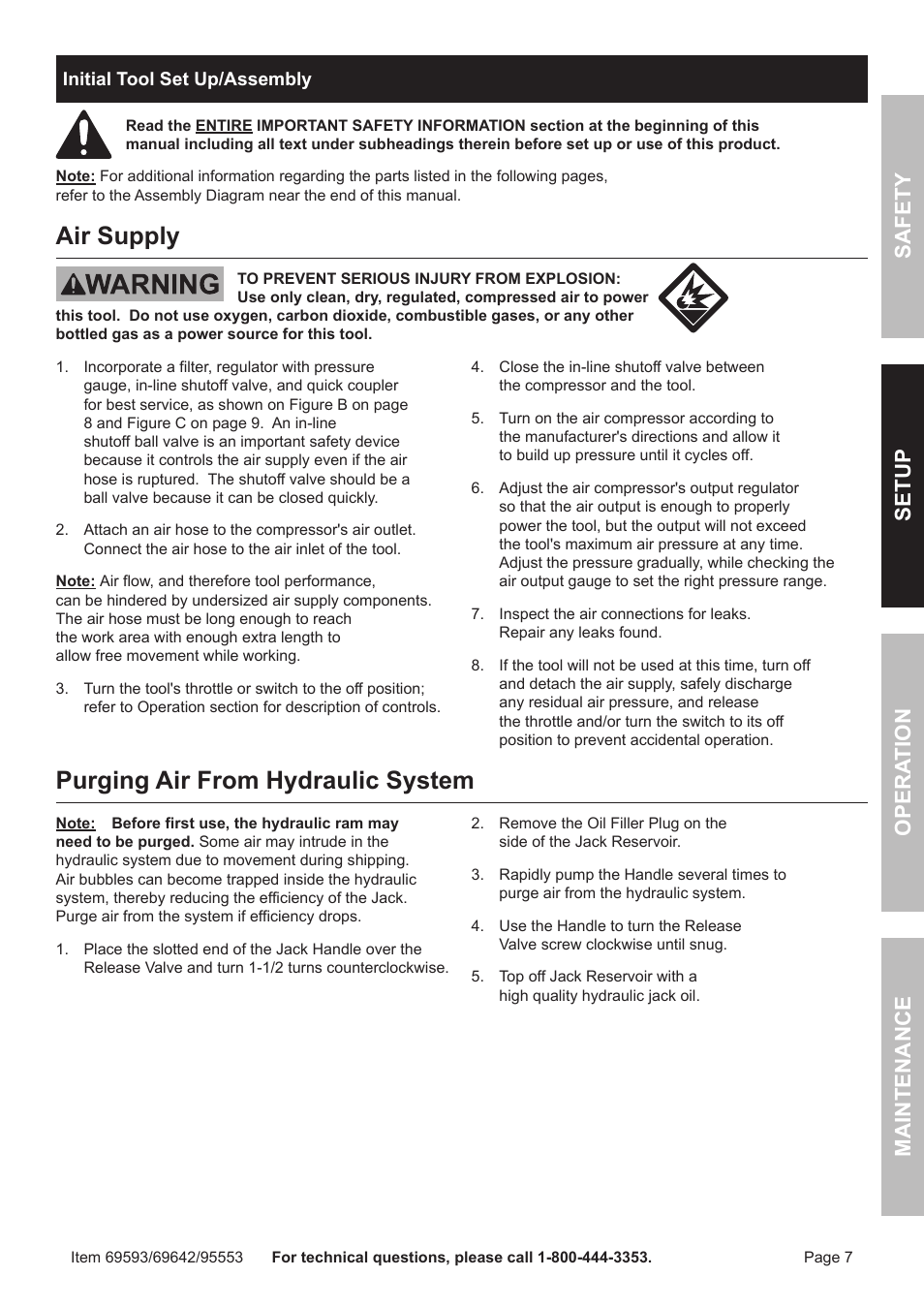 Air supply, Purging air from hydraulic system, Safet y op era tion m aintenan c e setu p | Harbor Freight Tools Central Hydraulics 95553 User Manual | Page 7 / 16