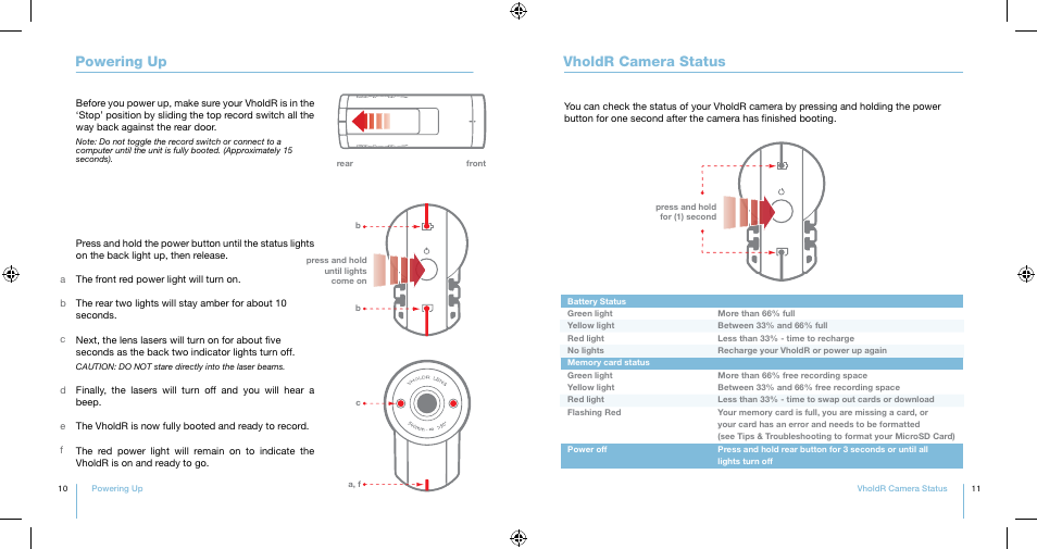 Powering up vholdr camera status | Contour VholdR J61250712V1100 User Manual | Page 6 / 17
