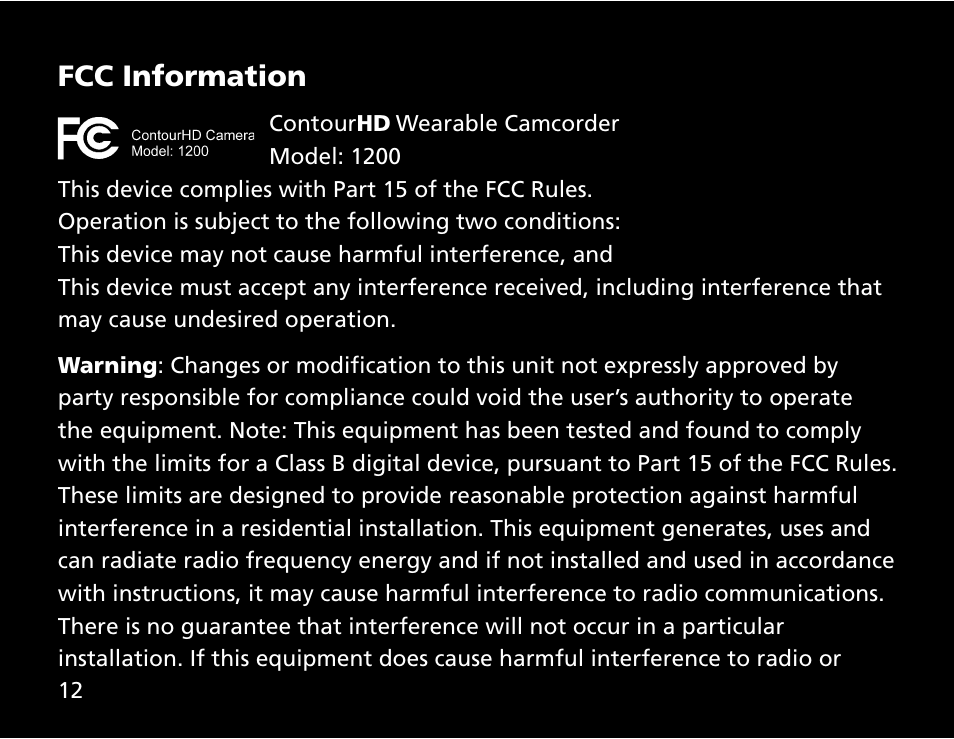 Fcc information | Contour ContourHD User Manual | Page 14 / 20