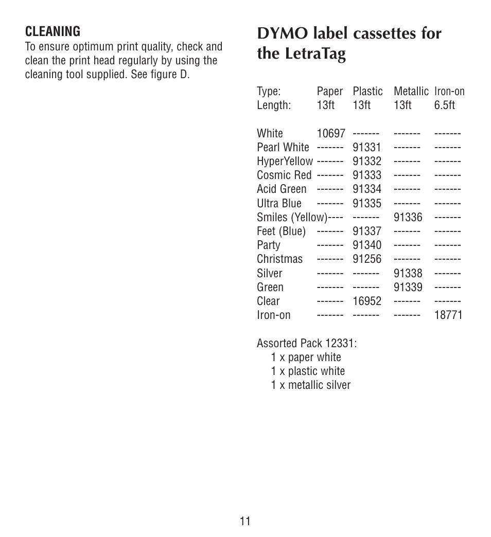 Dymo label cassettes for the letratag | Esselte LECTRA TAG QX50 User Manual | Page 11 / 28