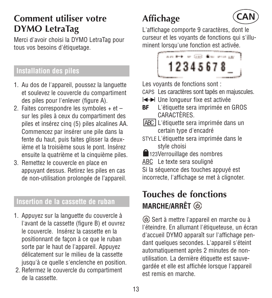 Comment utiliser votre dymo letratag, Affichage, Touches de fonctions | Esselte LECTRA TAG QX50 User Manual | Page 13 / 28