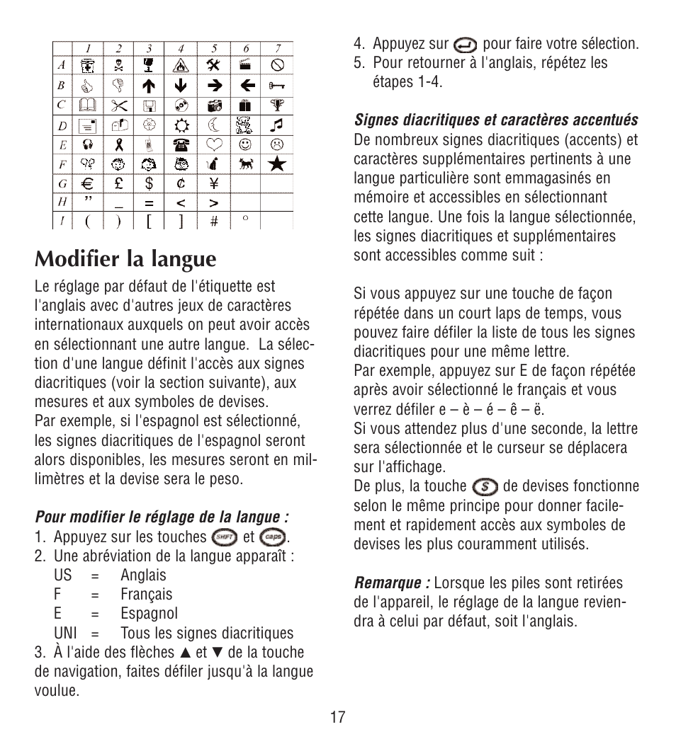 Modifier la langue | Esselte LECTRA TAG QX50 User Manual | Page 17 / 28