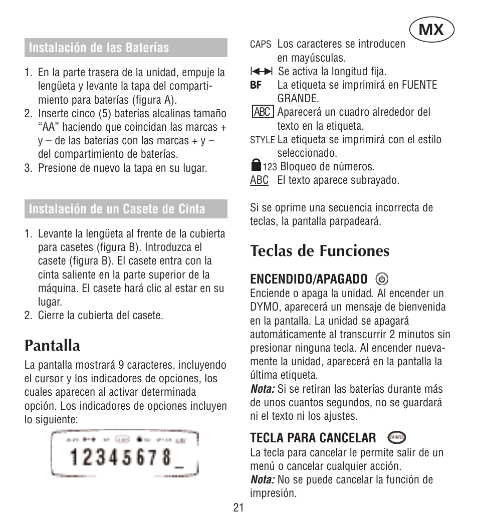 Pantalla, Teclas de funciones | Esselte LECTRA TAG QX50 User Manual | Page 21 / 28