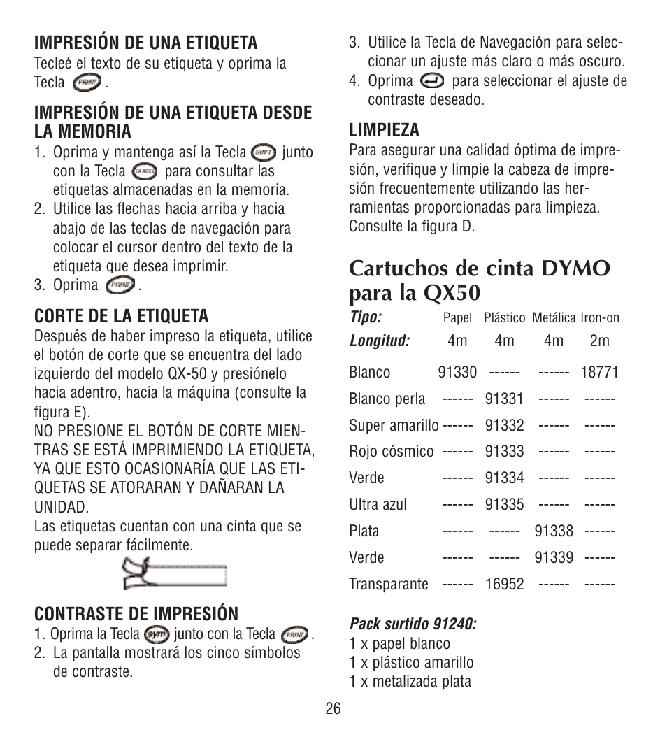 Cartuchos de cinta dymo para la qx50 | Esselte LECTRA TAG QX50 User Manual | Page 26 / 28