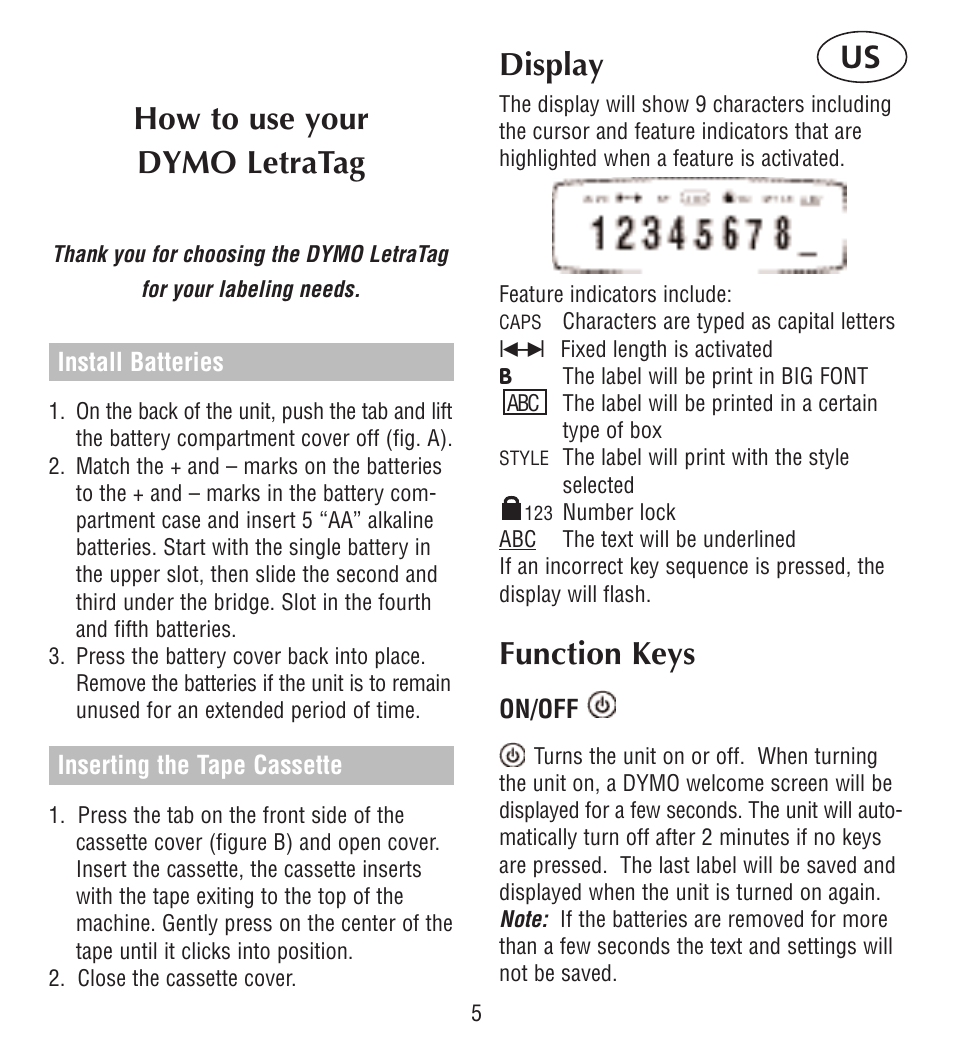 How to use your dymo letratag, Display, Function keys | Esselte LECTRA TAG QX50 User Manual | Page 5 / 28