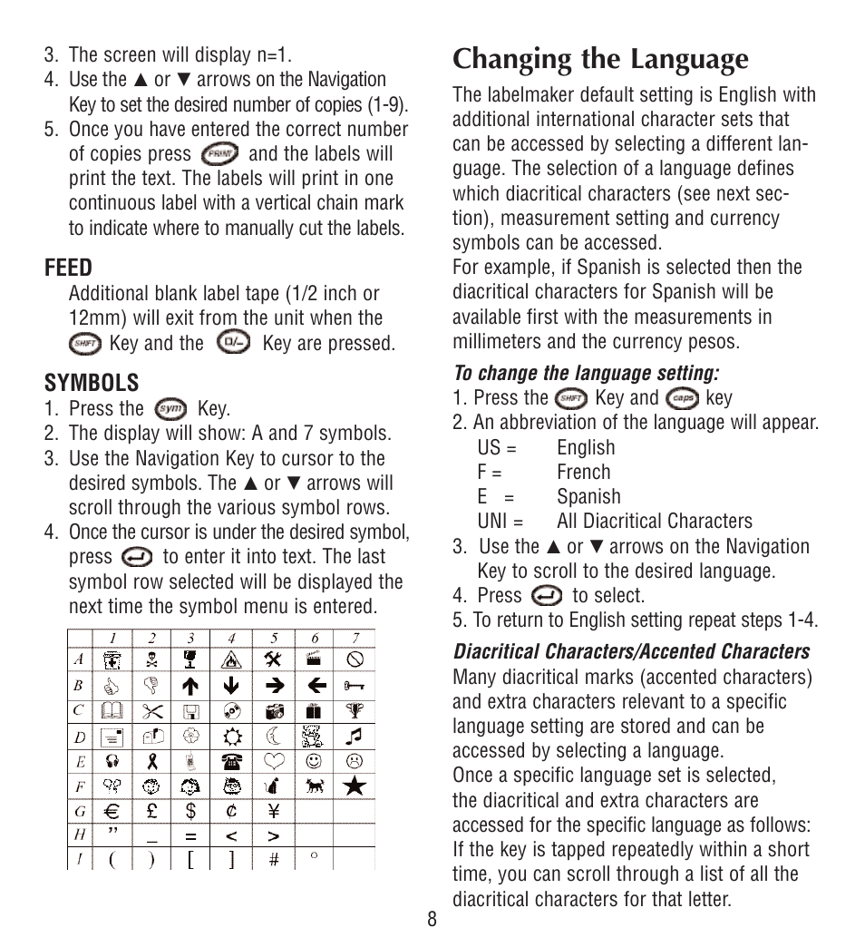 Changing the language | Esselte LECTRA TAG QX50 User Manual | Page 8 / 28