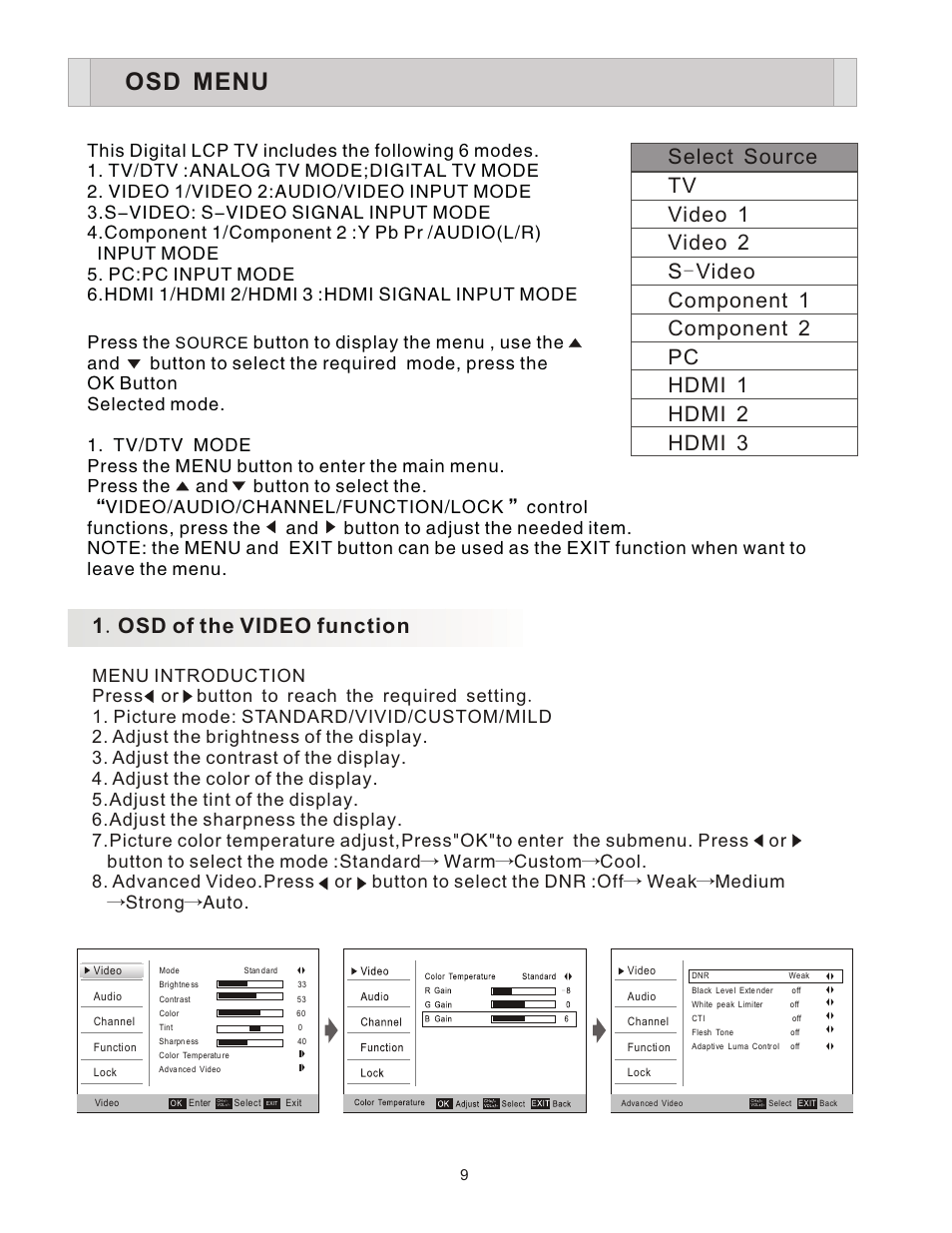 Osd menu, 1 . osd of the video function, Source | Esselte LCP4210 User Manual | Page 12 / 18