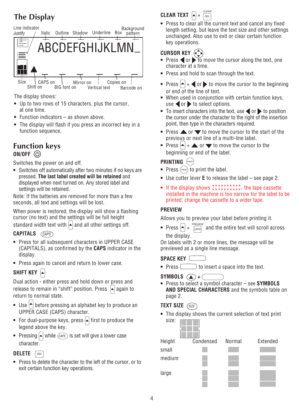 Abcdefghijklmn, The display, Function keys | Esselte DYMO LP300 User Manual | Page 8 / 12
