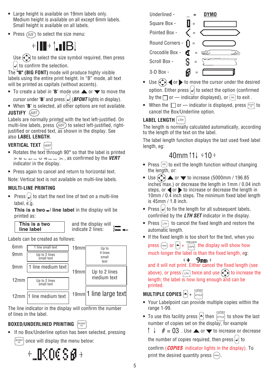 1 line large text | Esselte DYMO LP300 User Manual | Page 9 / 12
