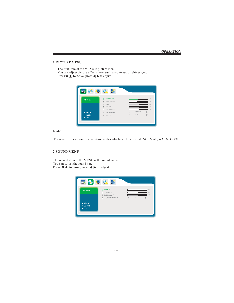 Operation, Sound menu | Esselte LCD2622 User Manual | Page 17 / 25