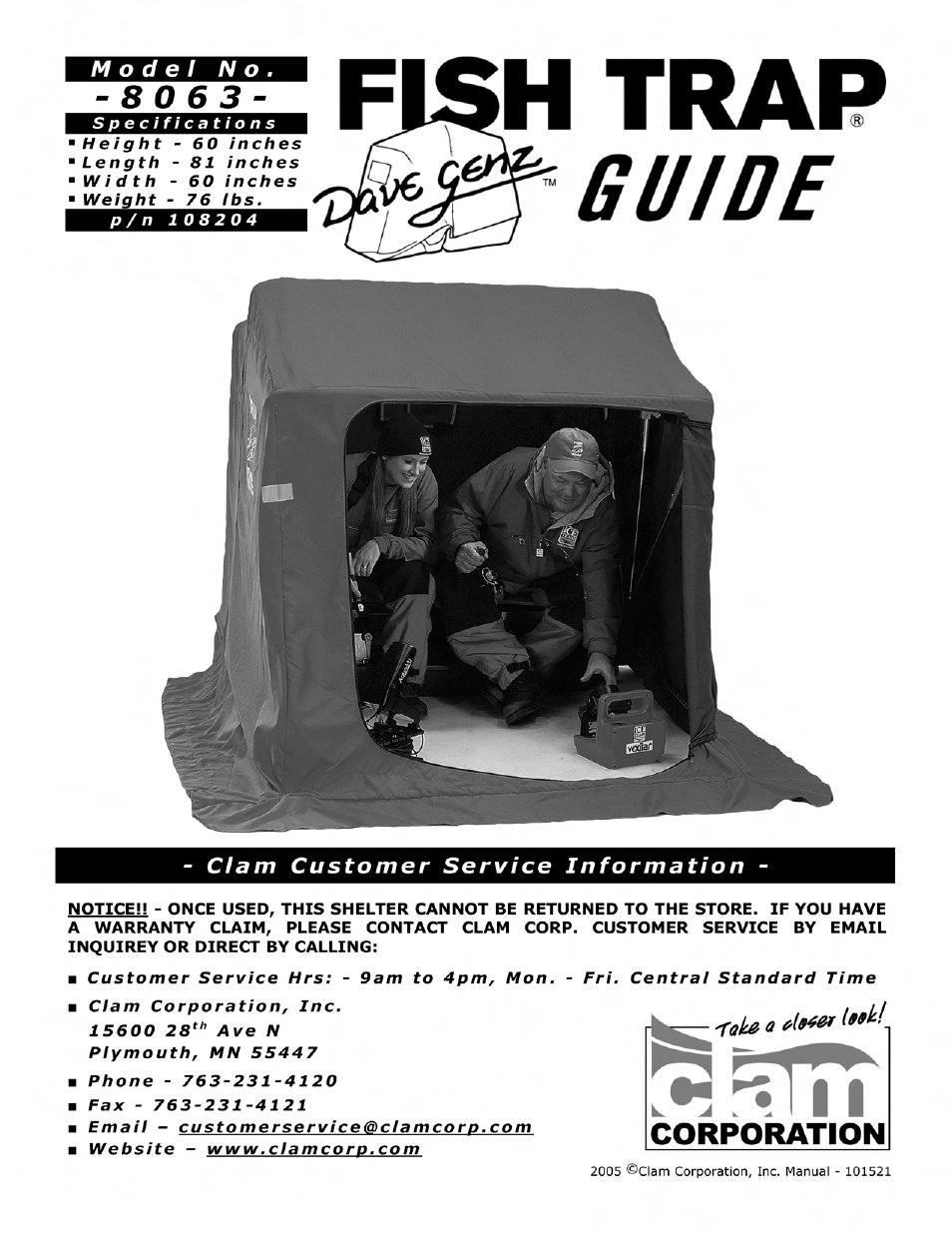 Clam Corp Fish Trap Guide 8063 User Manual | 12 pages