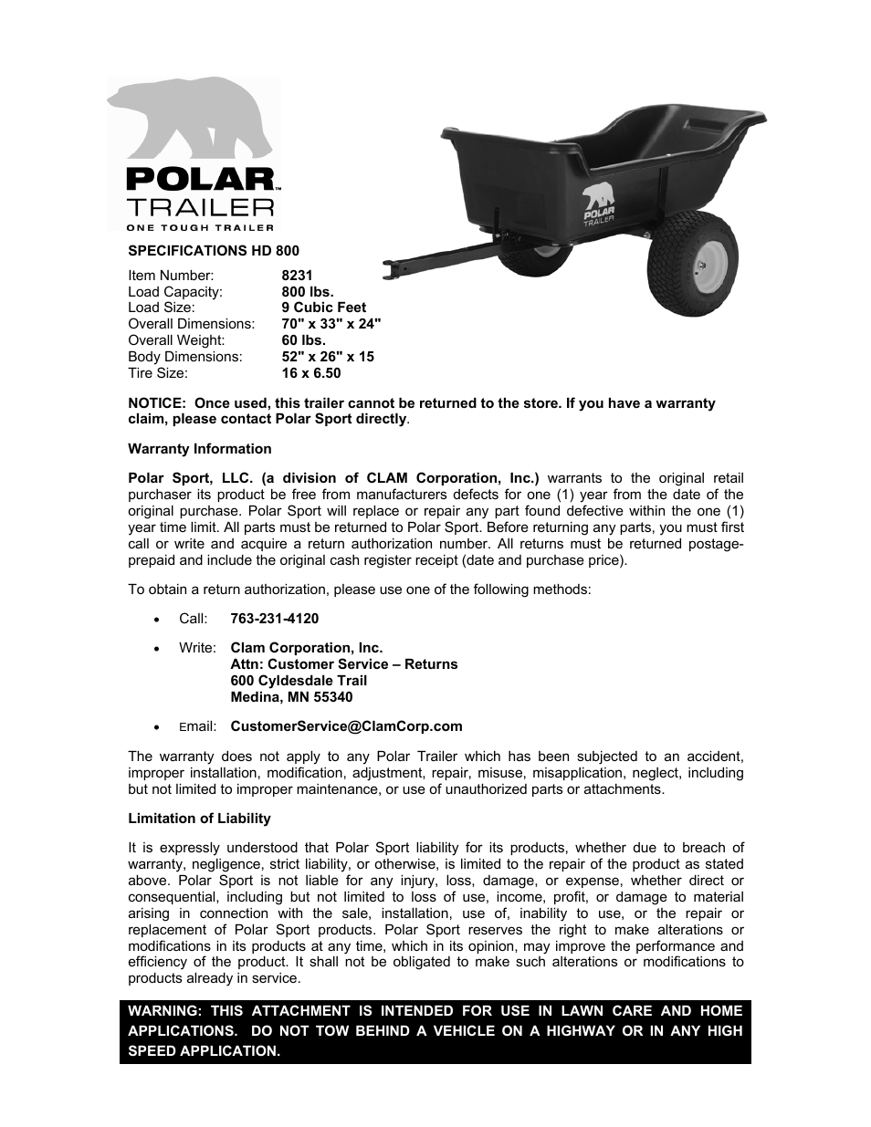 Clam Corp HD 800 User Manual | 4 pages