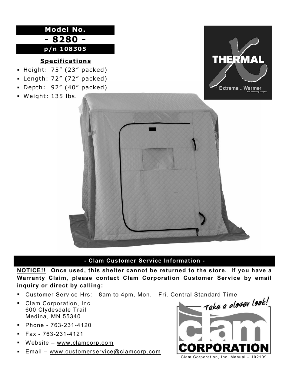 Clam Corp Thermal X 8280 User Manual | 15 pages