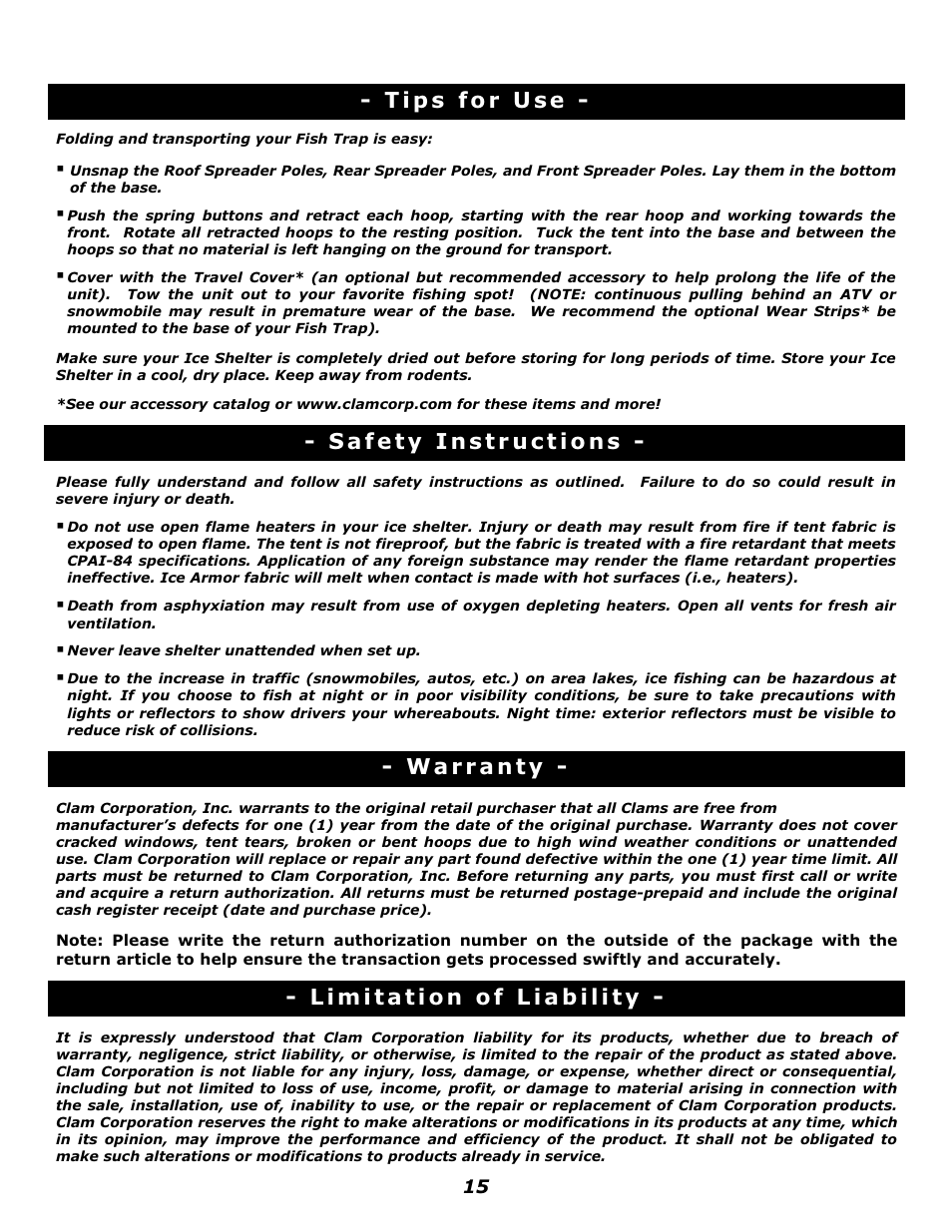 Clam Corp Thermal X 8280 User Manual | Page 15 / 15