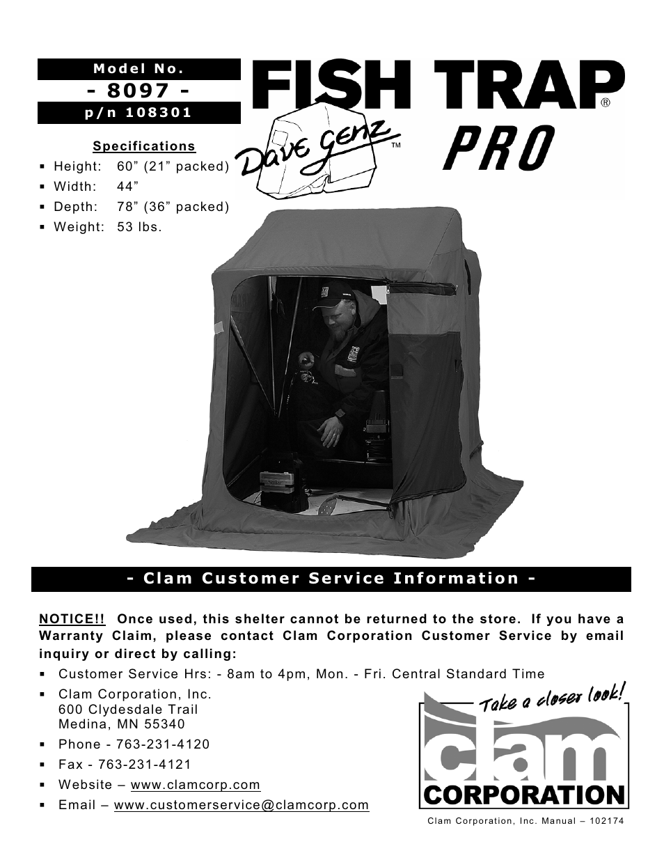 Clam Corp Fish Trap Pro 8 0 9 7 User Manual | 16 pages