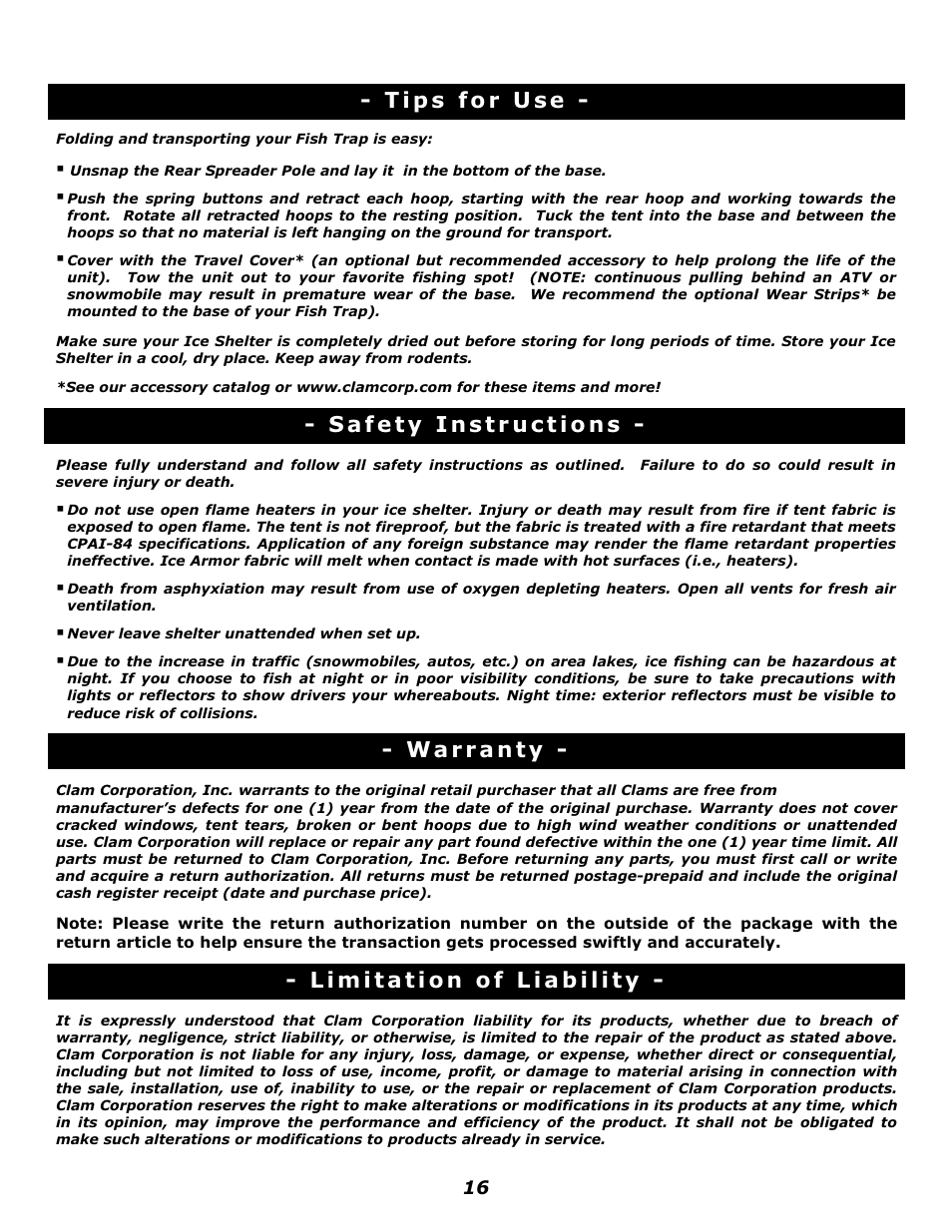 Clam Corp Fish Trap Pro 8 0 9 7 User Manual | Page 16 / 16